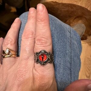 Elegant Red and Silver Statement Ring- cats eye